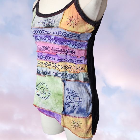 Colorful Tye Dye Patchwork Boho Festival Hippie Cotton Asymmetrical Tank Top - Picture 4 of 7